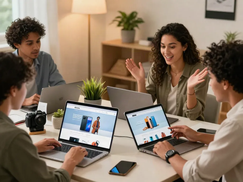 Online winkelen bij sanumstore met diverse klanten die populaire producten vergelijken.
