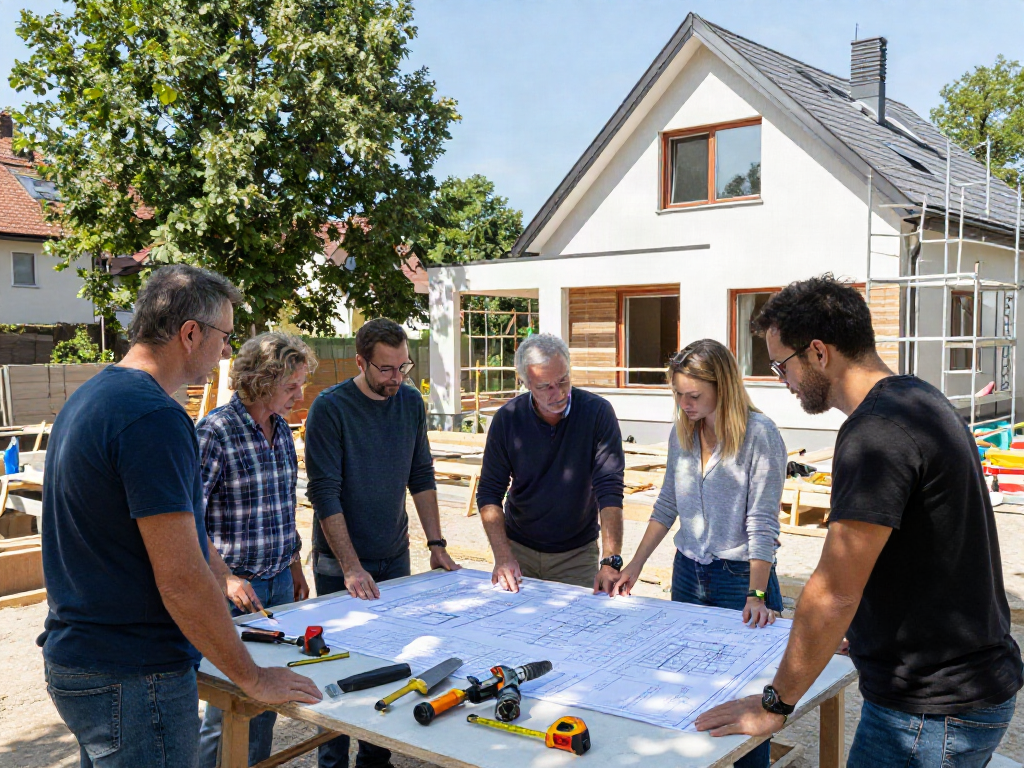 Haus Bauen Wien - Architekten und Bauherren diskutieren Pläne auf einer Baustelle.