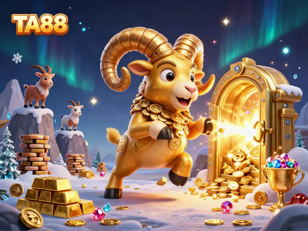 TA88 showcases a 3D golden ram charging through a treasure vault, symbolizing winning potential.