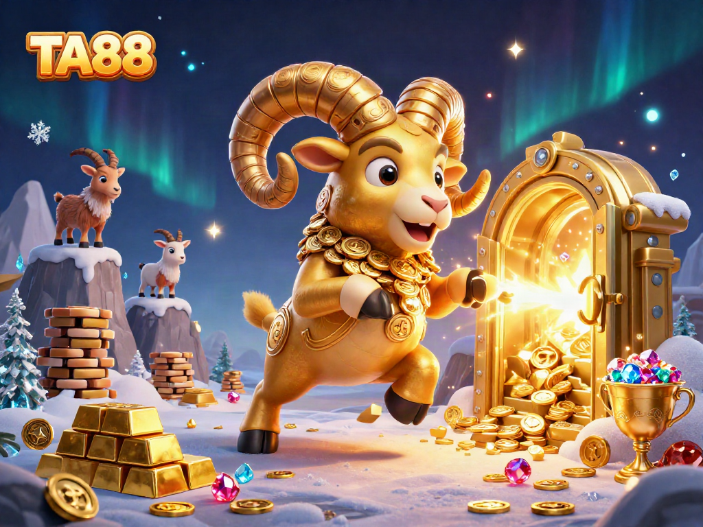TA88 showcases a 3D golden ram charging through a treasure vault, symbolizing winning potential.