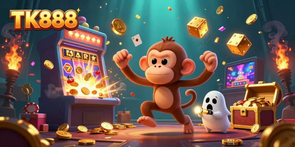 Experience the thrill of TK888 with a playful poltergeist monkey and a curious puppy exploring a vibrant casino.
