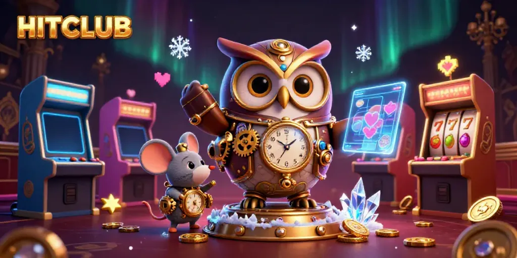Engage with HITCLUB’s vibrant casino scene featuring a time-traveler owl and dynamic gaming elements.