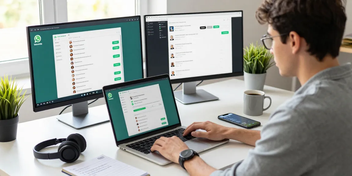WhatsApp電腦版 user engaged in a modern tech workspace with multiple screens.