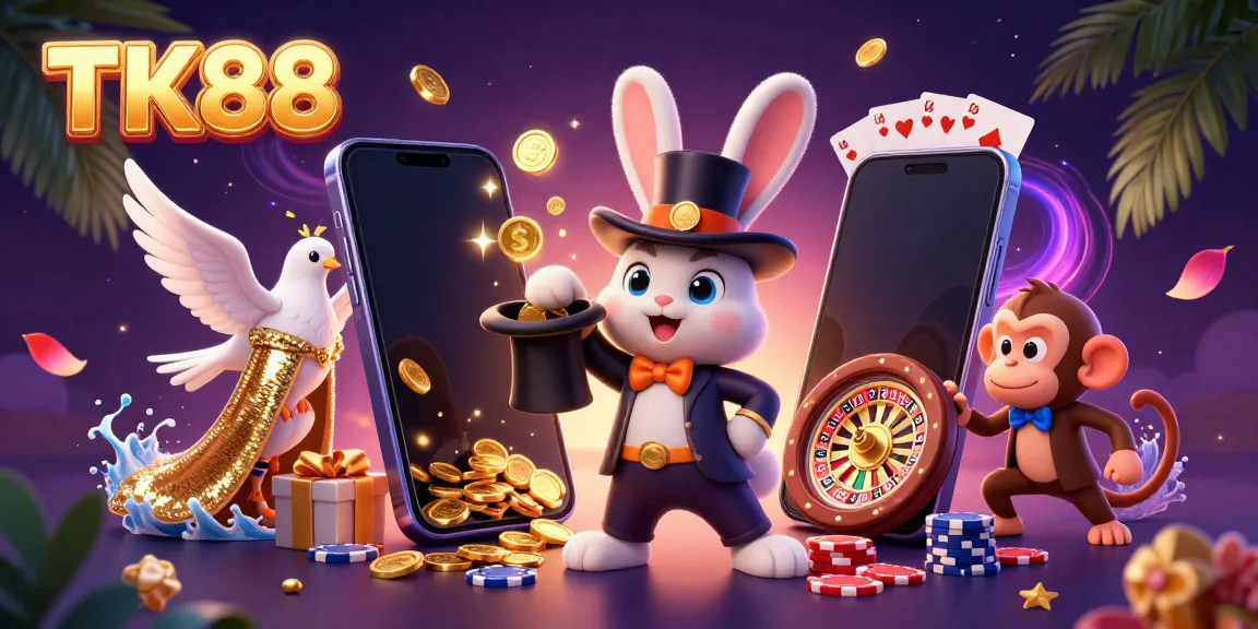 TK88 magician rabbit conjuring coins, engaging slot game elements in a vibrant casino setting