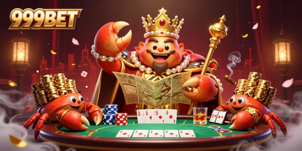 Immersive 3D scene showcasing 999BET's golden crab emperor amidst poker elements for casino enthusiasts.