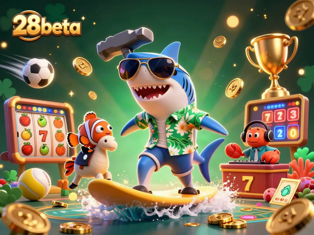 Win big with 28beta in a vibrant casino scene featuring a shark and sports elements.