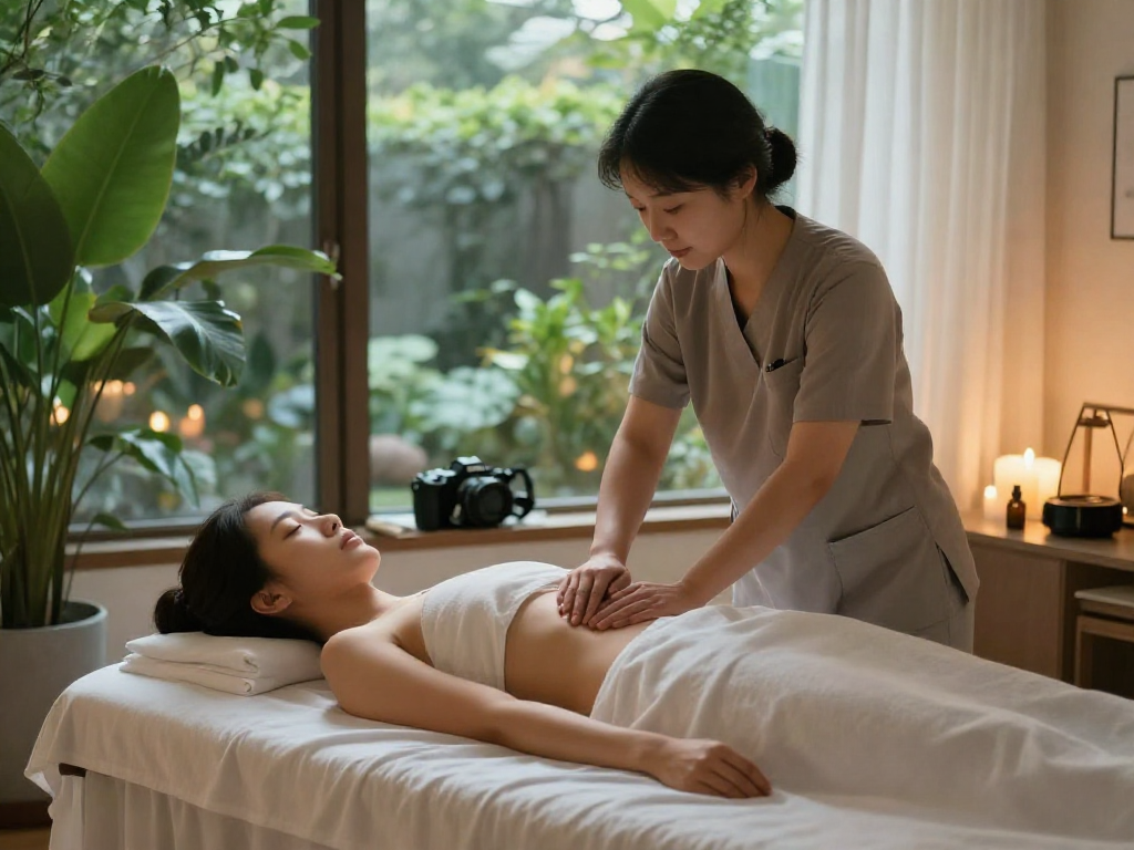 Client receiving 의정부출장안마 in a tranquil wellness center, surrounded by calming elements.