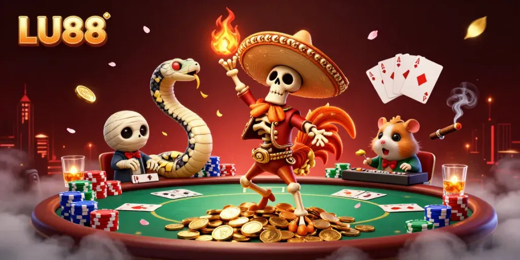 LU88 promotions come to life with vibrant characters celebrating winnings at an online casino.