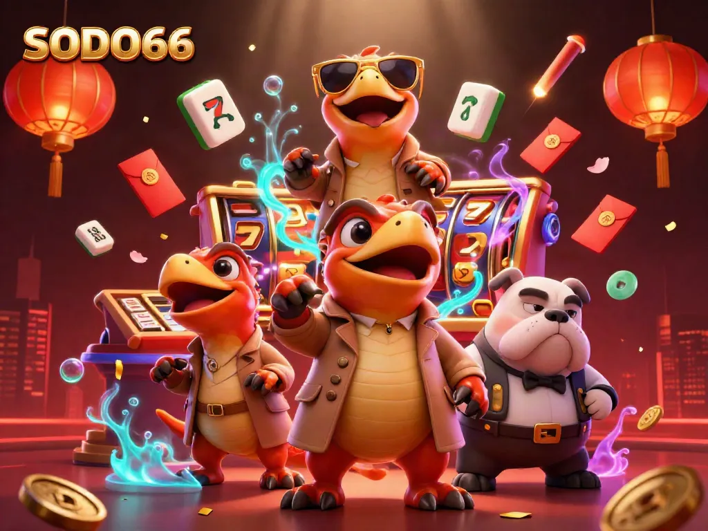 Experience the exciting scene at SODO66 with cartoon raptors attempting to enter a casino lounge, surrounded by vibrant game elements.