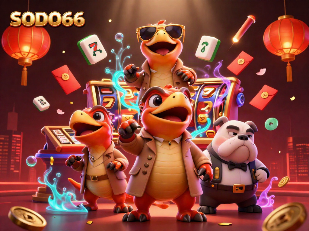 Experience the exciting scene at SODO66 with cartoon raptors attempting to enter a casino lounge, surrounded by vibrant game elements.