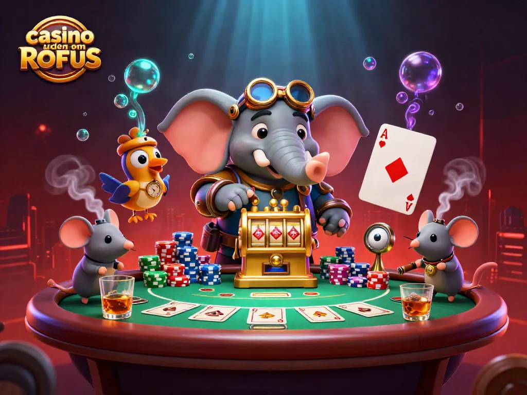 Play exciting games at casino uden om ROFUS with steampunk characters and vibrant 3D casino elements