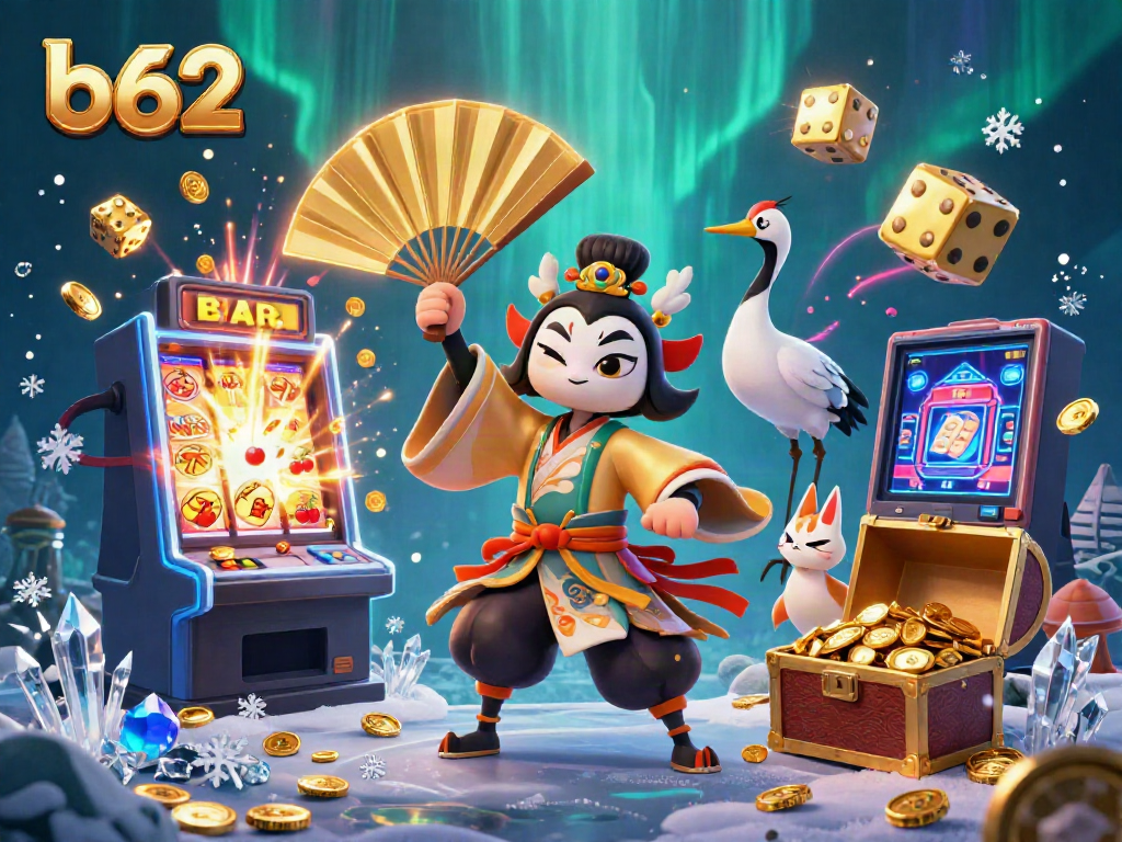 Experience thrilling b62 gaming action with kabuki characters and vibrant slot elements in this dynamic scene.