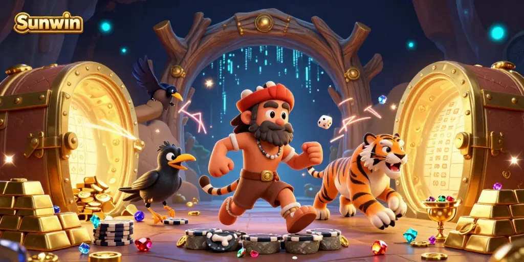 Sunwin showcases fun prehistoric gambling with a caveman, sabertooth tiger, and crow scoring stone games.