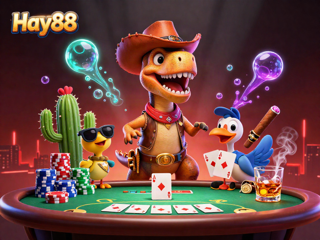 Experience the thrill of Hay88 with a cartoon dinosaur, poker table, and vibrant casino elements.