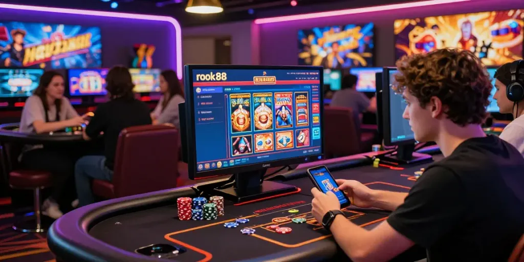 Exciting rokok88 online gaming scene with enthusiasts enjoying vibrant digital atmosphere.