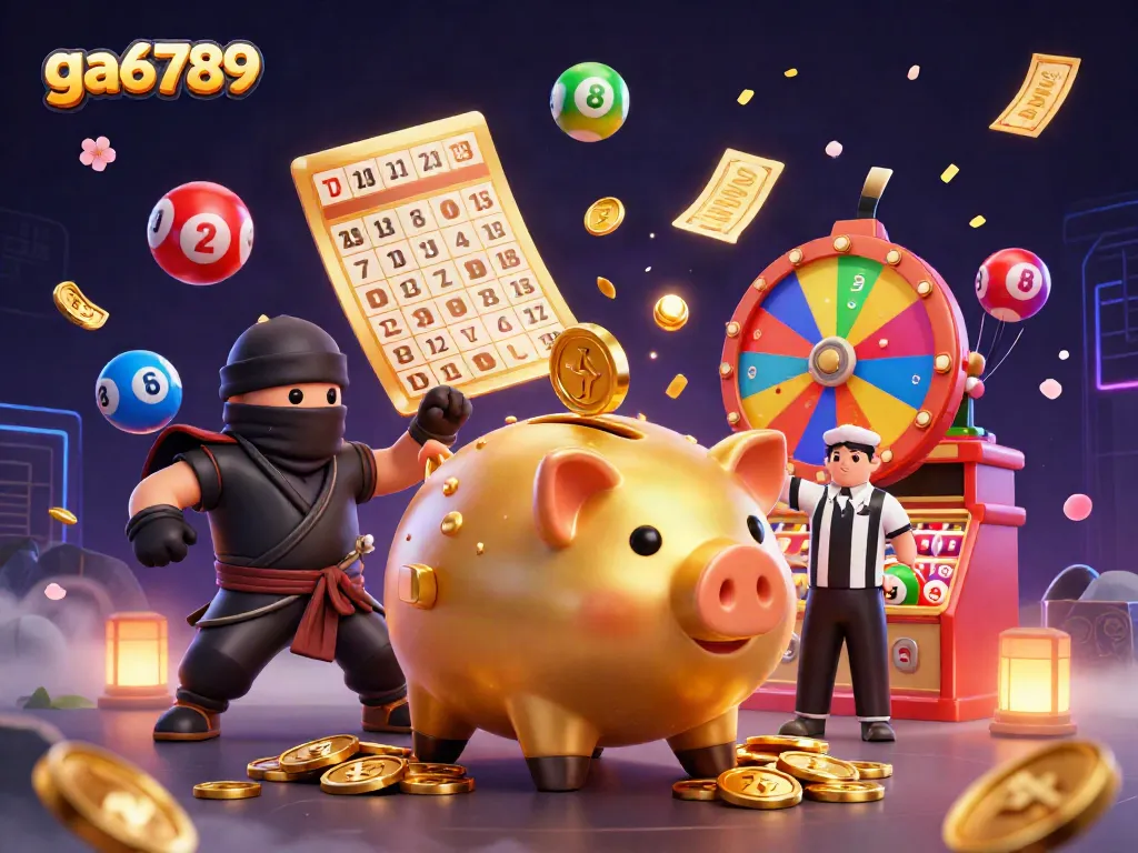 Experience thrilling moments at ga6789 with a dynamic golden piggy bank sumo wrestler and colorful game elements.