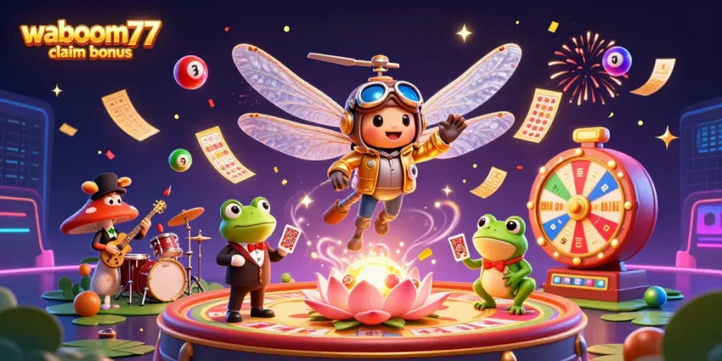 Experience exciting gameplay with Waboom77 claim bonus in this vibrant casino scene.