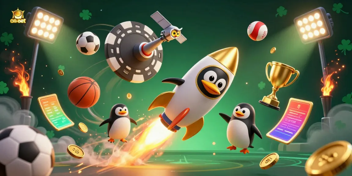 Experience thrilling gaming action at on-bet with a vibrant 3D illustration of a penguin spaceship and dynamic sports elements.