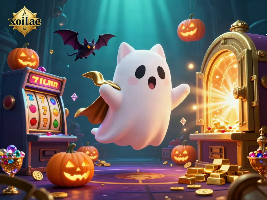 Xoilac's ghost cat explores a haunted casino, surrounded by vibrant slot machines and glowing jack-o-lanterns.