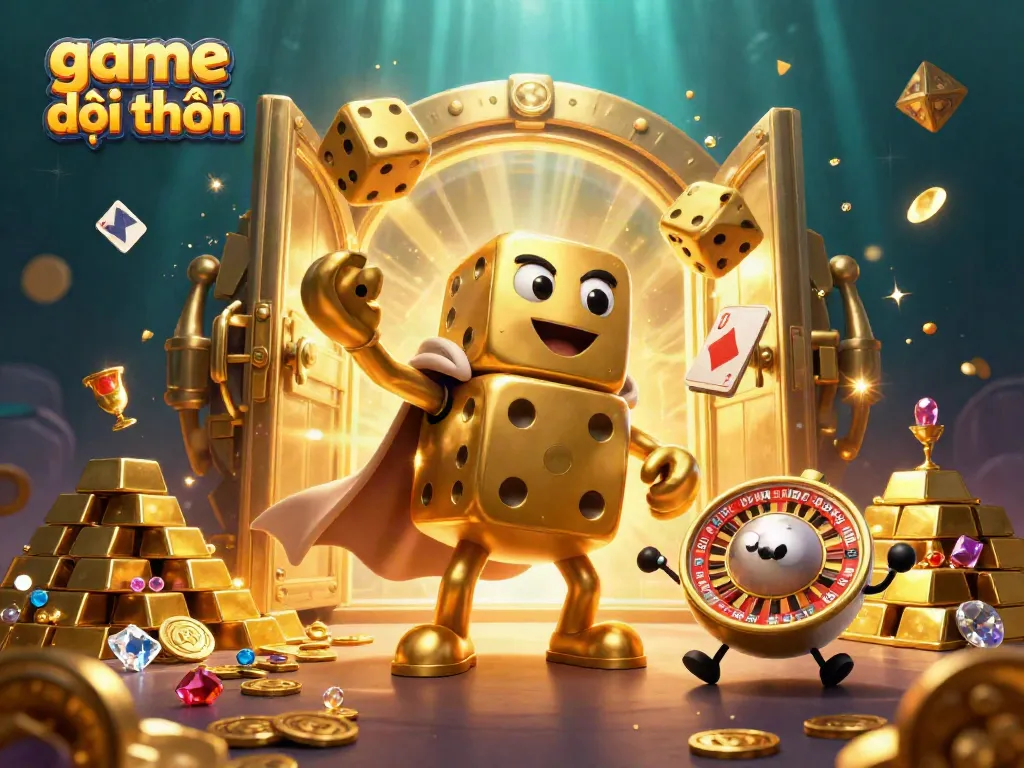 Engage in game đổi thưởng with a vibrant illustration of golden dice characters amidst treasures.