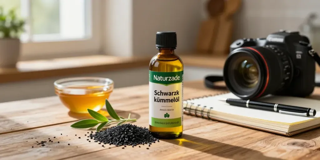 Flasche Naturzade Schwarzkümmelöl auf einem rustikalen Holztisch mit frischen Kreuzkümmelsamen und Honig, hell erleuchtet durch Sonnenlicht.
