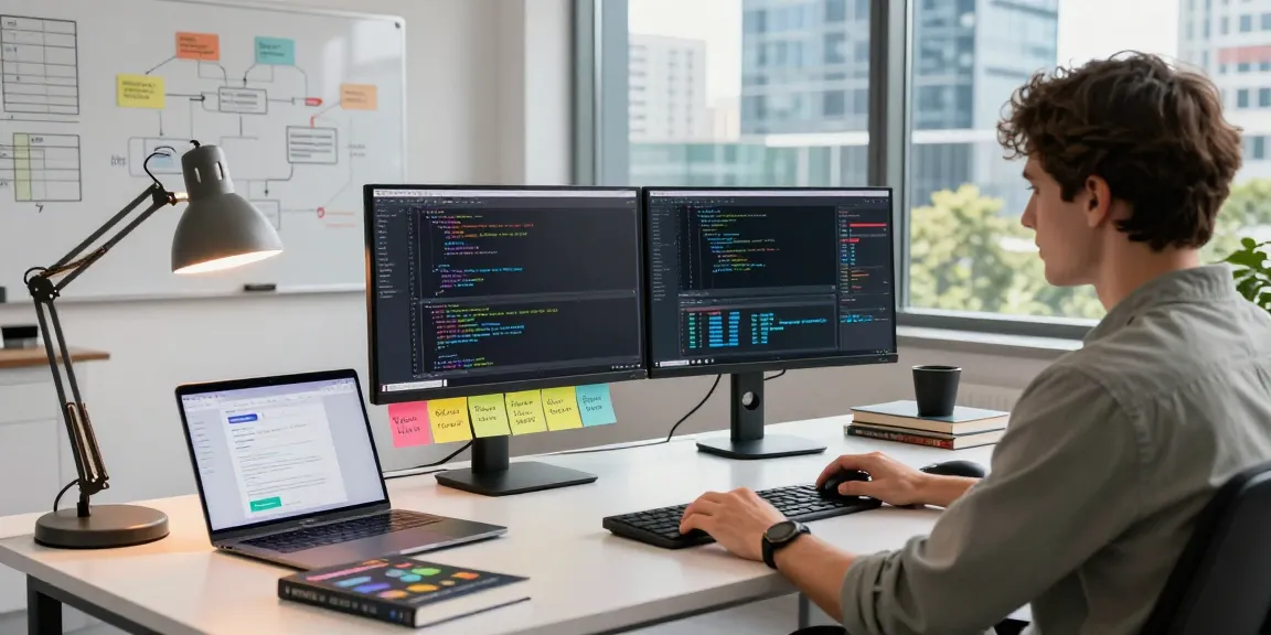 Building internal tools with AI in a modern workspace featuring a developer coding on dual monitors surrounded by tech resources.