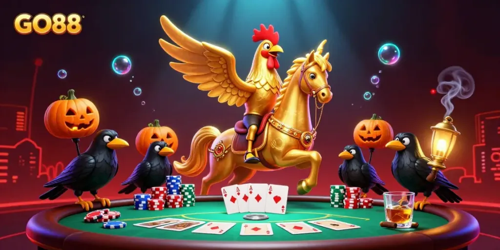 Experience the thrilling atmosphere of GO88 with a golden rooster riding a spectral horse in a midnight casino.