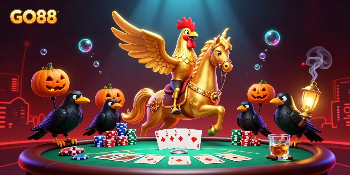 Experience the thrilling atmosphere of GO88 with a golden rooster riding a spectral horse in a midnight casino.