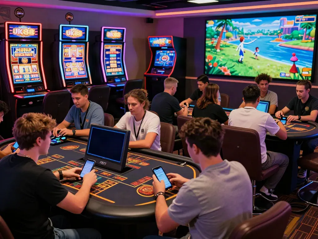 Exciting online gambling at UK88 with players engaged in slot games and live dealers, showcasing vibrant digital displays.