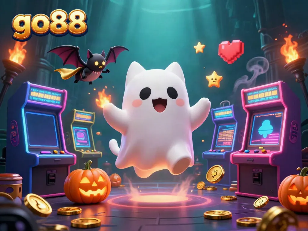 Experience the excitement of go88 with a vibrant casino scene featuring a ghost cat, bat, and glowing jack-o-lanterns.