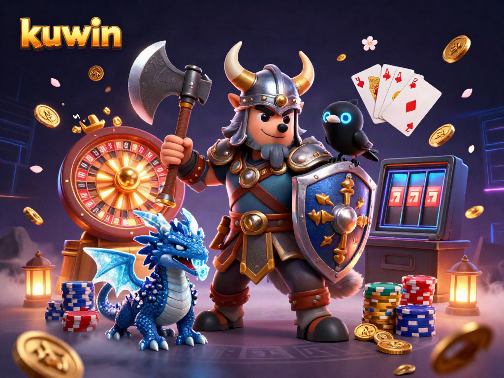 Engage in winning strategies with kuwin's thrilling gaming adventure featuring a Viking warrior and dragon.