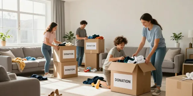 Professionelle Entrümpelung Wien: Team hilft der Familie beim Sortieren von Gegenständen.