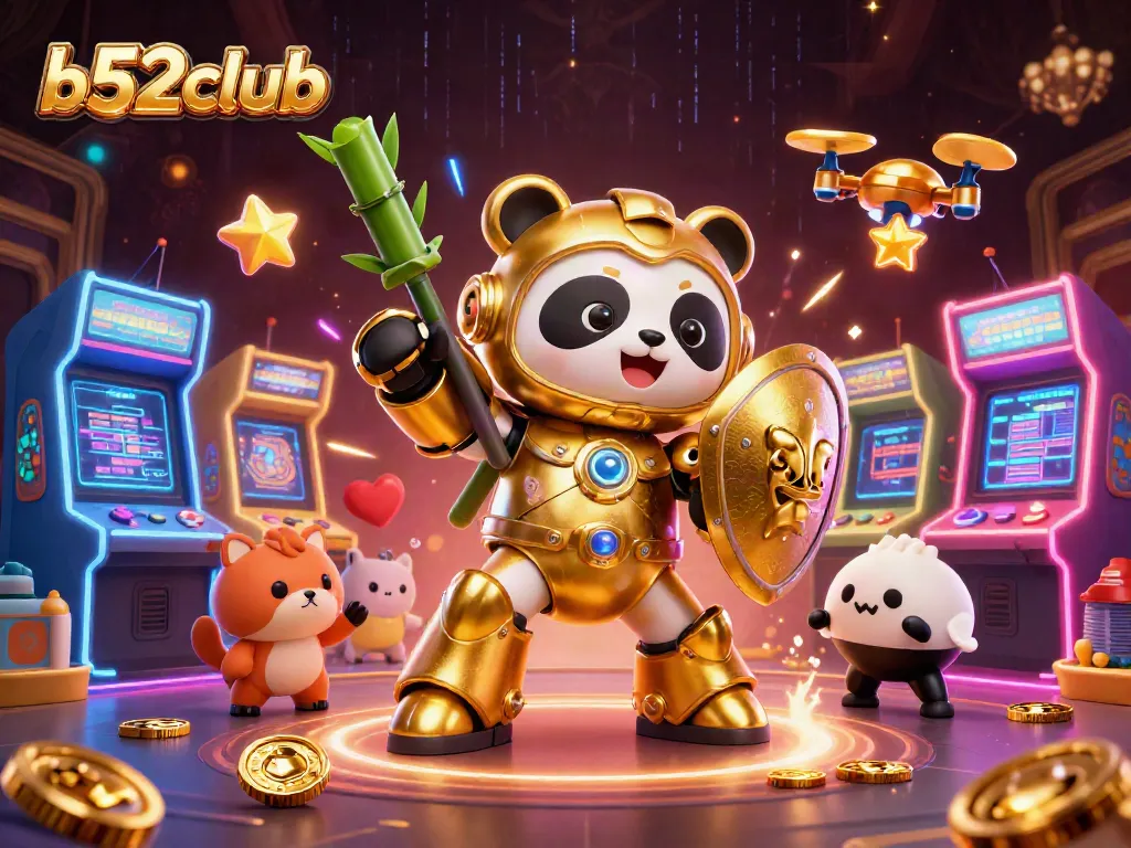 B52club showcases a vibrant casino scene with golden panda pilots in a lively arena, filled with game elements.