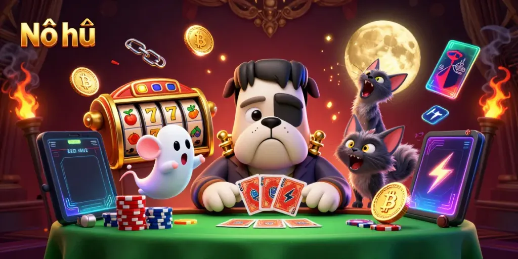 Nổ hũ slots illustration featuring a Frankenstein bulldog dealing cards with a ghost mouse, showcasing vibrant golden casino elements.