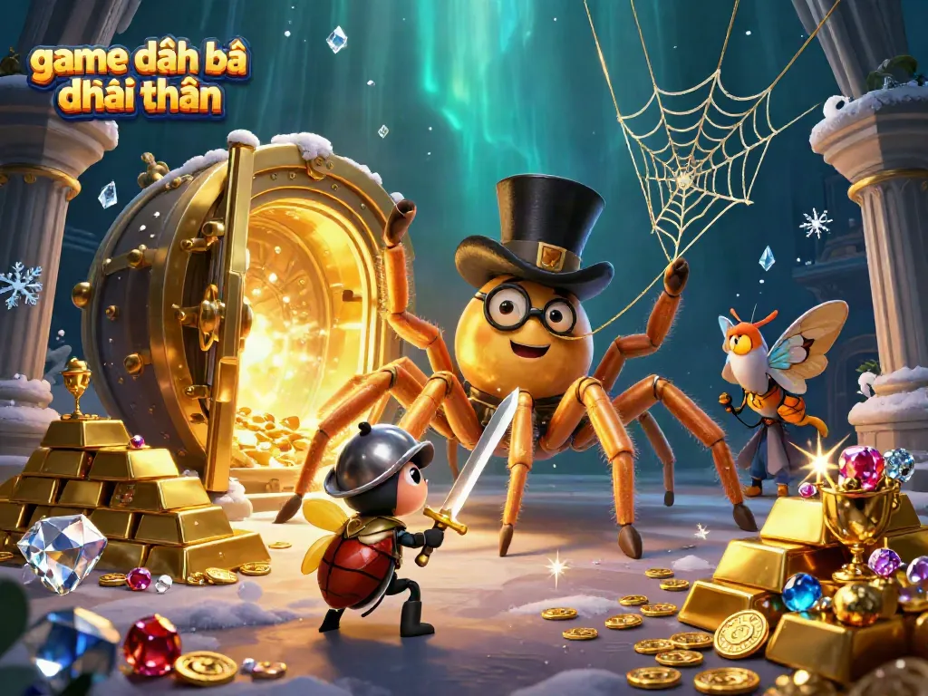 Engaging scene of a golden tarantula weaving a web with beetle knight and moth spectators in a lively game đánh bài đổi thưởng setting.