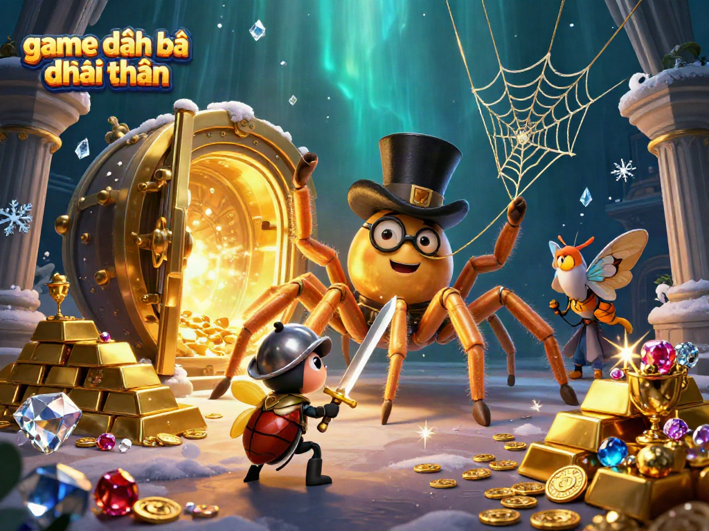 Engaging scene of a golden tarantula weaving a web with beetle knight and moth spectators in a lively game đánh bài đổi thưởng setting.