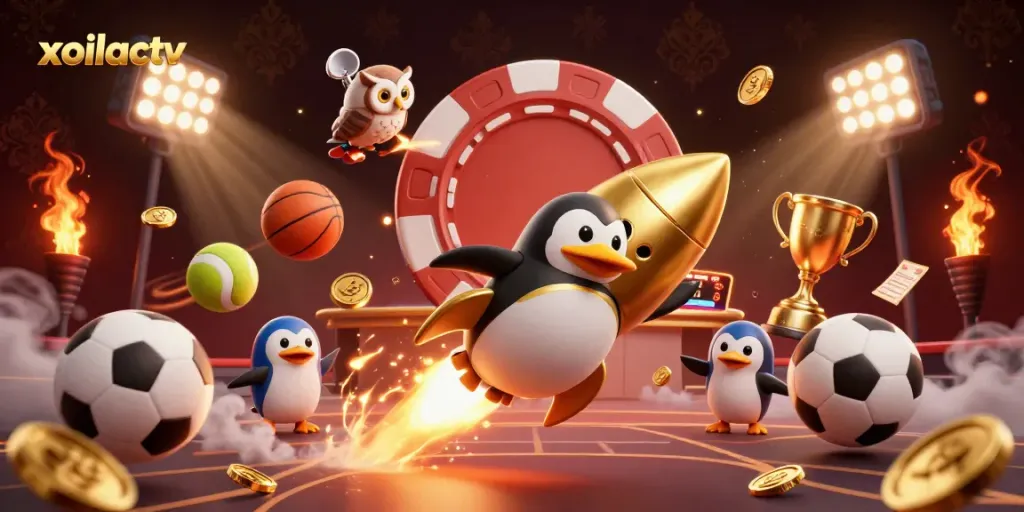 Bet on excitement with xoilactv, showcasing a golden penguin and casino action!
