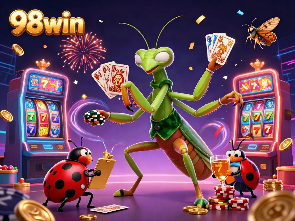 Join the excitement at 98win with a giant card sharp and ladybug pit boss in a vibrant, action-filled casino scene.