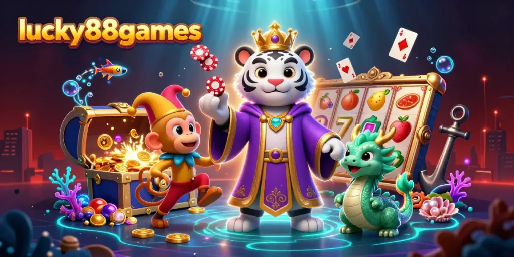 Immerse in the exciting world of lucky88games with vibrant characters, slot elements, and rich treasure.