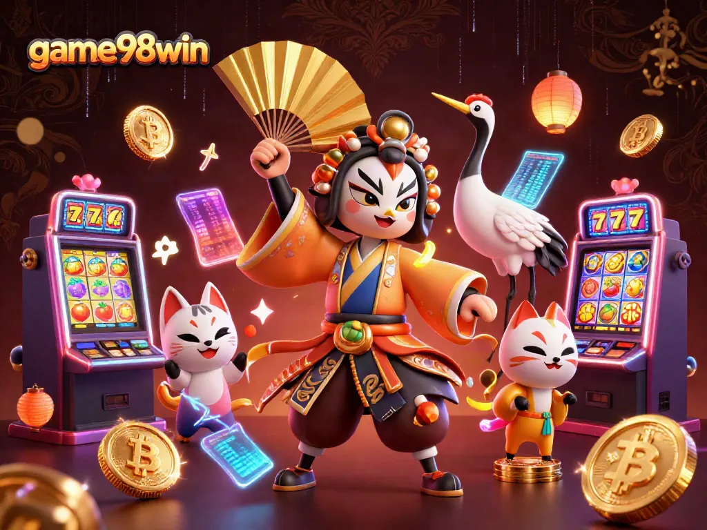 game98win illustrates winning slots with kabuki warrior and crypto elements in a vibrant casino scene.