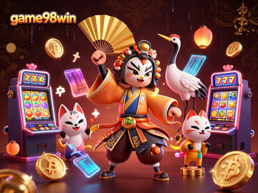 game98win illustrates winning slots with kabuki warrior and crypto elements in a vibrant casino scene.