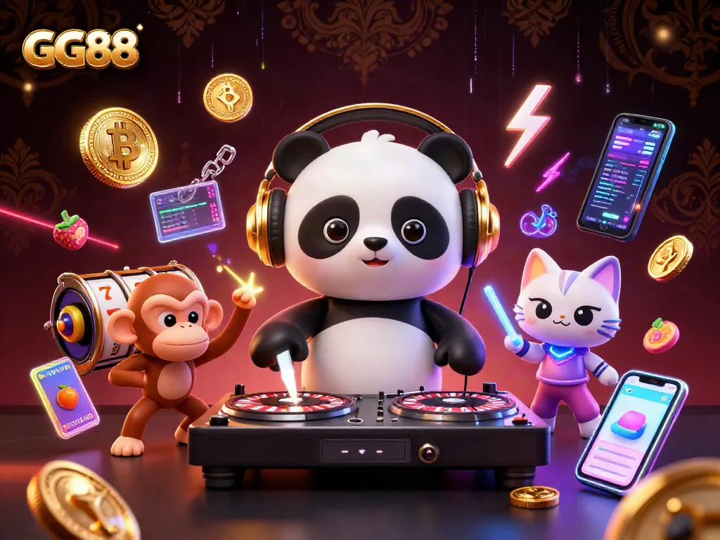Engage with GG88's lively casino atmosphere featuring a DJ panda, dancing monkey, and rave kitten.