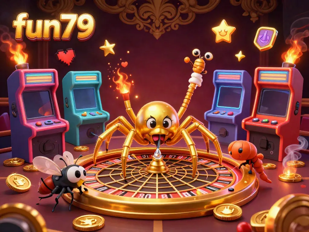 Experience fun79's thrilling casino action with a golden spider and a fly in a dynamic roulette scene.
