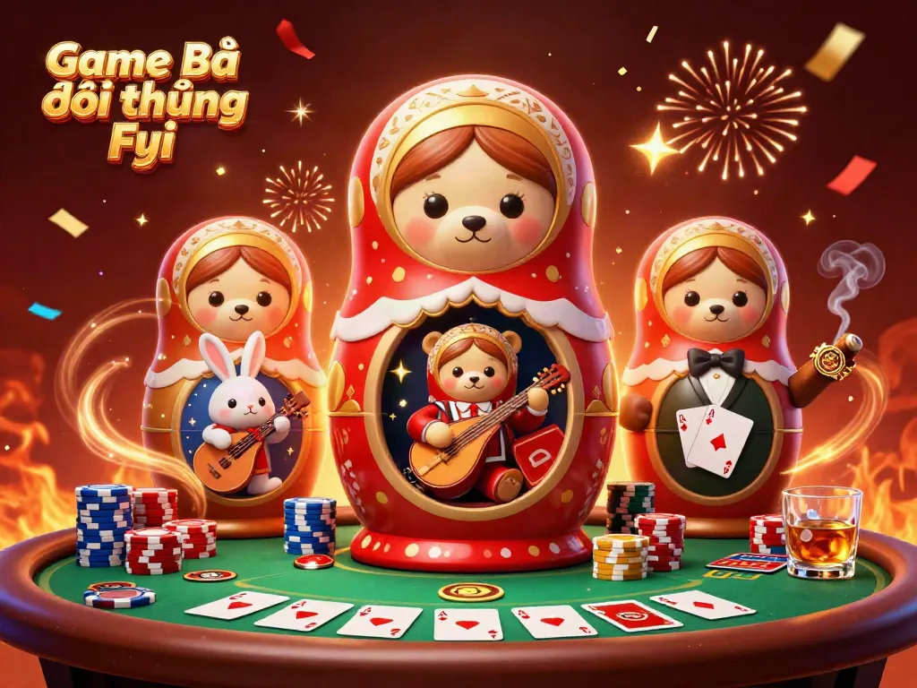 Engage with the vibrant Game Bài Đổi Thưởng Fyi scene showcasing playful bears and dazzling poker elements.