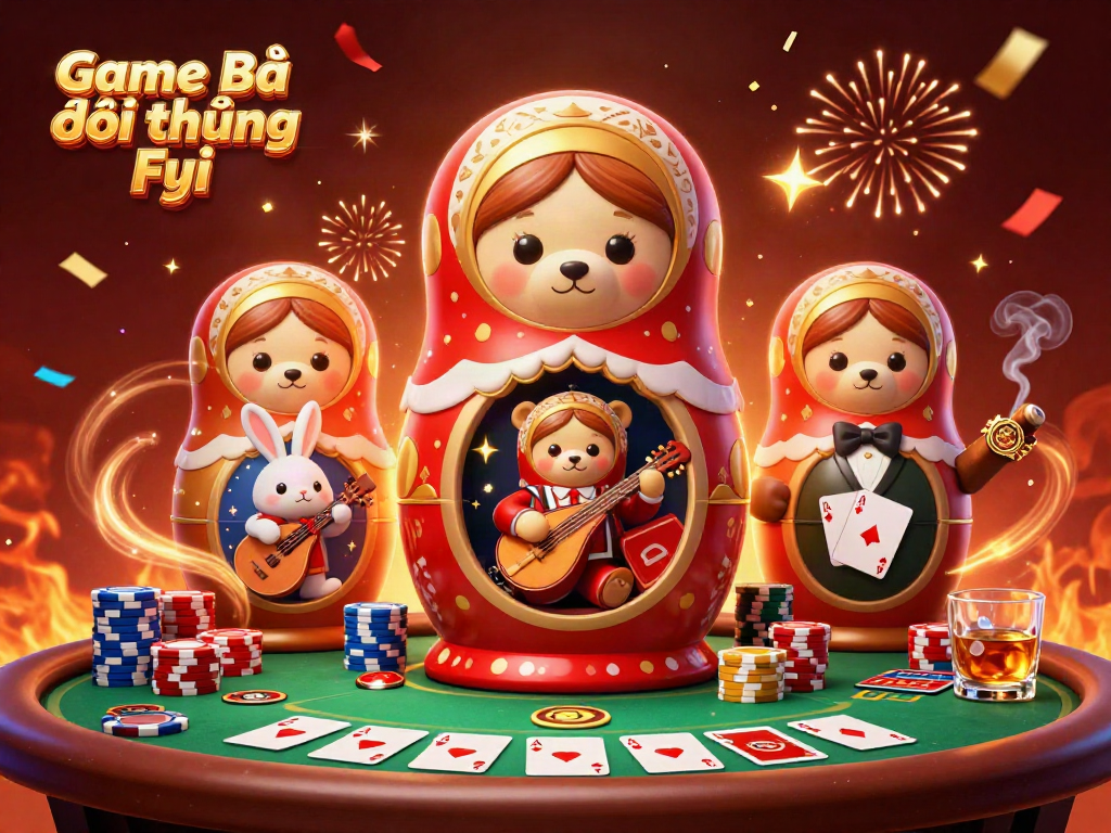 Engage with the vibrant Game Bài Đổi Thưởng Fyi scene showcasing playful bears and dazzling poker elements.