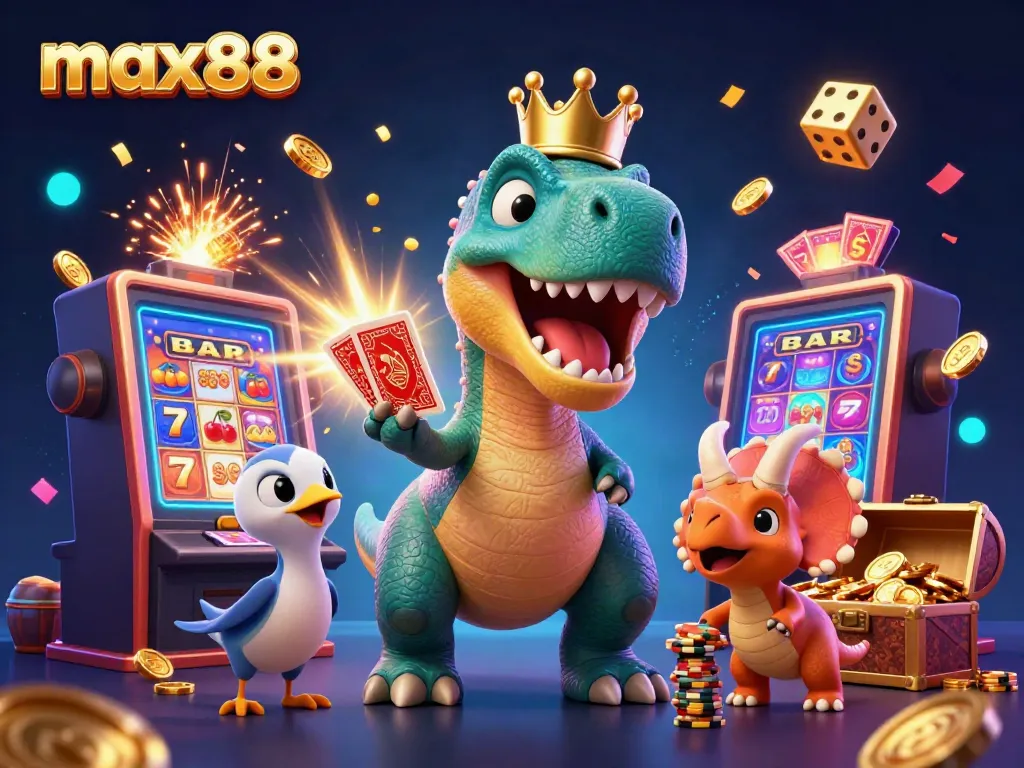 Experience the thrilling world of max88 with adorable casino-themed dinosaurs amidst a jackpot explosion.