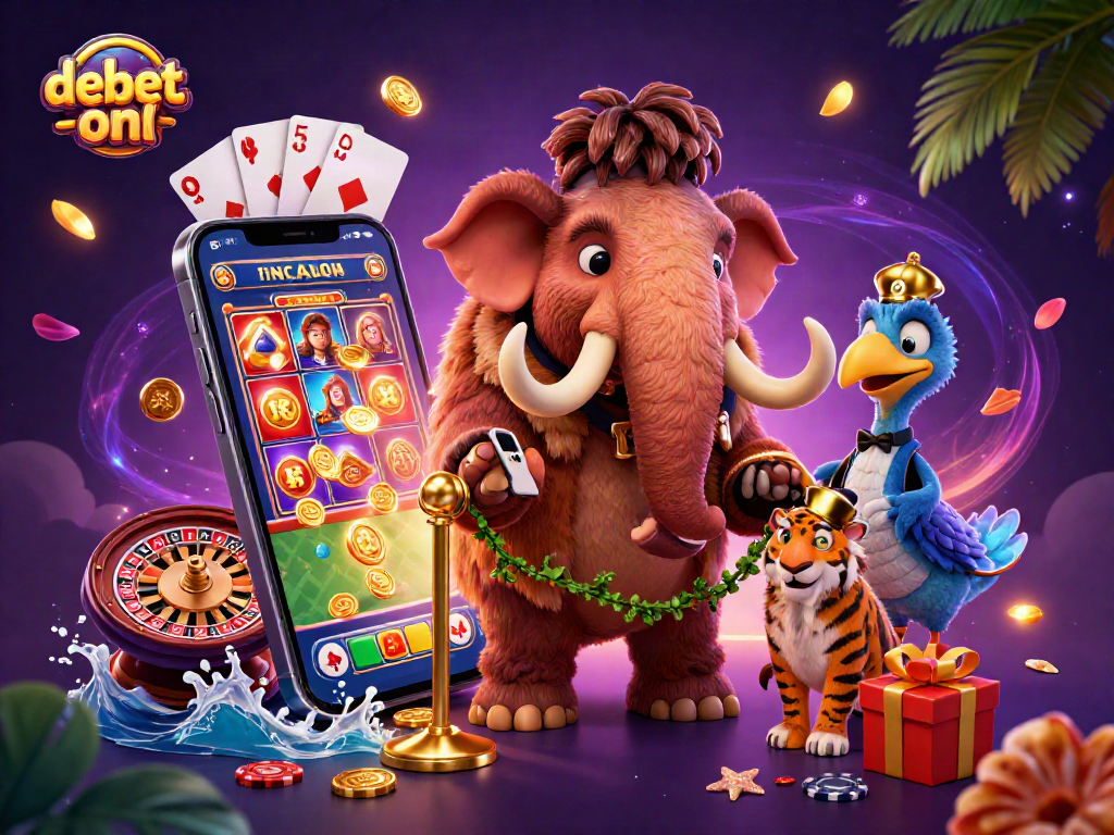 Experience debet-onl with a vibrant scene of casino excitement featuring characters and games