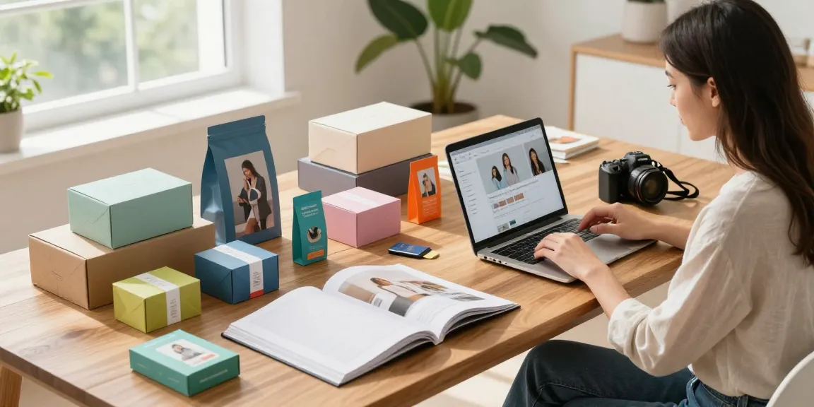 Woman exploring diverse Produkte in a modern e-commerce setting with vibrant product displays.