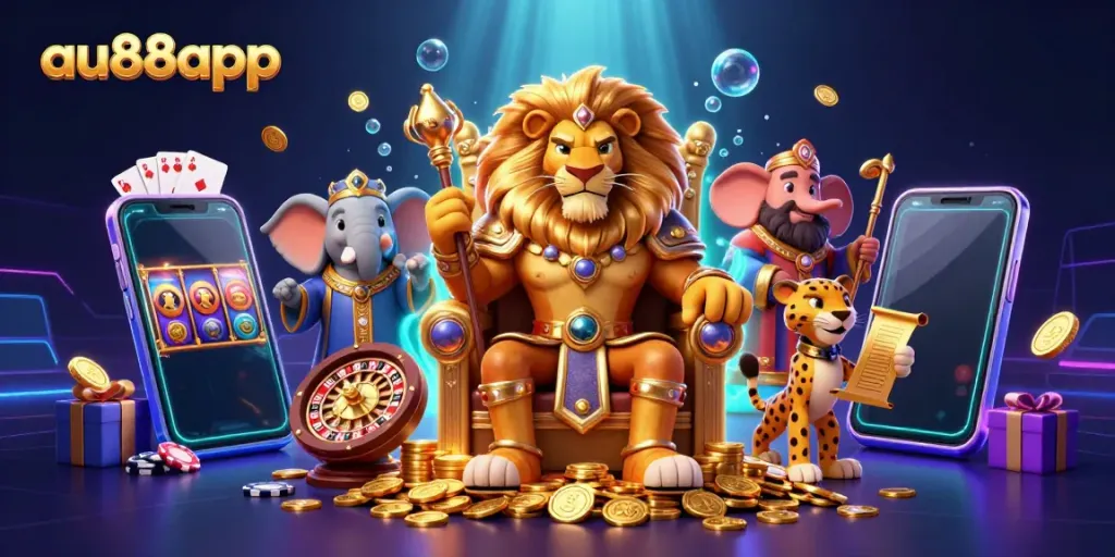 Experience the thrill of winning at au88app with vibrant casino elements in a dynamic scene.