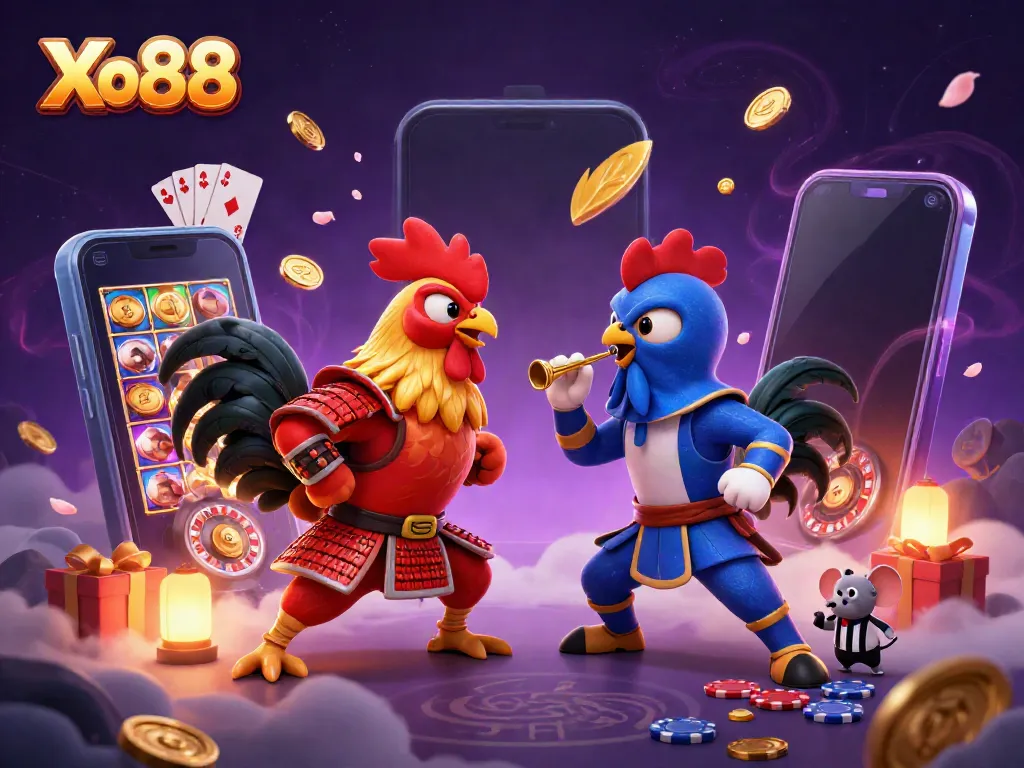 Experience the thrill of Xo88 with cartoon roosters in battle amid vibrant casino elements.
